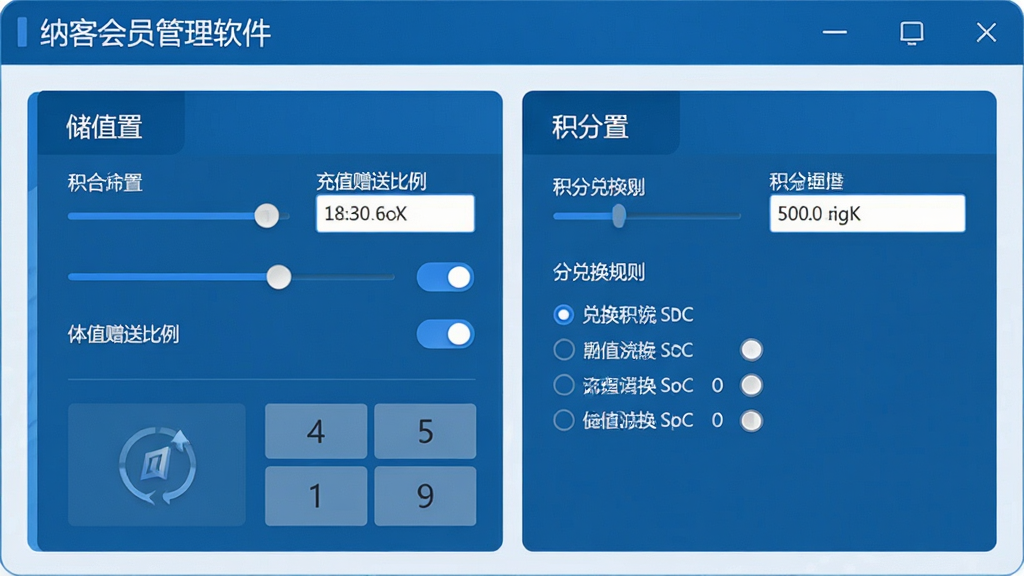 一张展示纳客会员管理软件 体验版储值与积分设置界面的图片,画面主体为软件参数配置窗口,包含充值赠送比例输入框、积分兑换规则选项,布局为左右分栏,左侧为储值设置,右侧为积分设置,风格为科技蓝调商务风,细节有滑动条、开关按钮、数字键盘图标,画质高清,干净,无多余元素