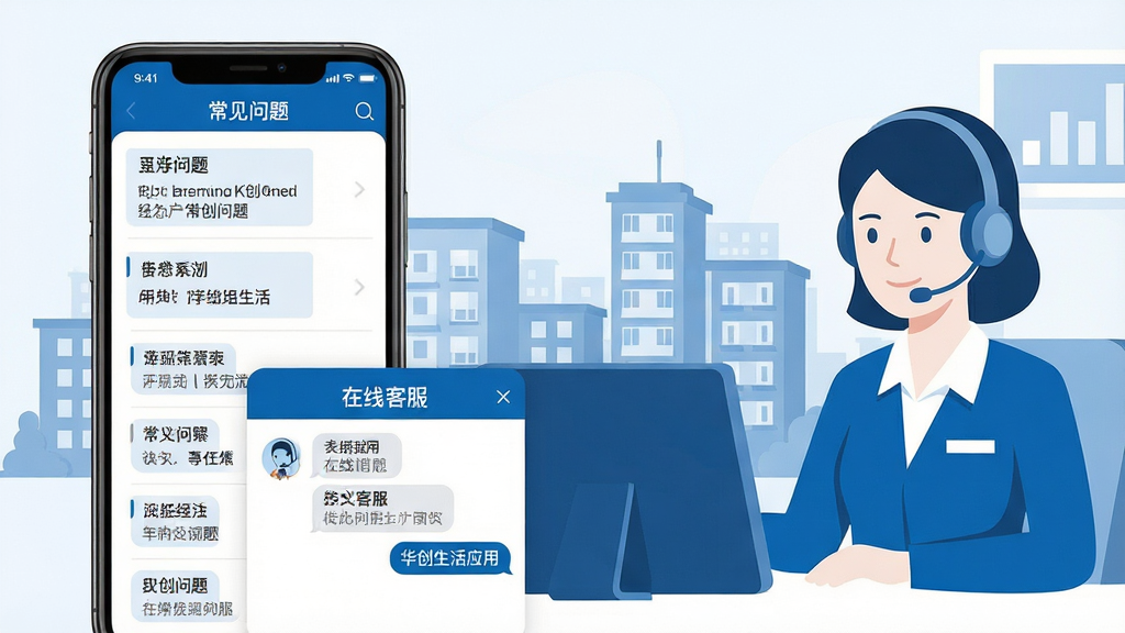 画面展示华创生活应用的用户问答与客服界面,手机屏幕显示常见问题列表与在线客服对话框,背景融入客服人员佩戴耳麦的剪影与社区楼宇轮廓,布局采用左侧手机界面、右侧客服场景的对称构图,风格为简洁商务插画,色调以蓝色与白色为主,细节上突出界面文字与客服形象,画质清晰,画面干净,无多余元素