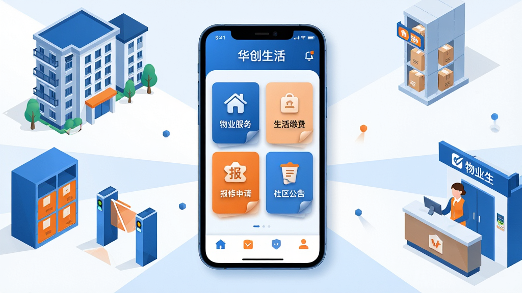 画面中央放置一部智能手机,屏幕上显示华创生活应用首页界面,界面包含物业服务、生活缴费、报修申请、社区公告四个功能卡片,手机周围环绕社区楼宇、快递柜、门禁闸机、物业前台等元素,整体布局采用中心辐射式构图,风格为现代扁平化科技插画,色调以蓝白为主辅以橙色点缀,细节上刻画图标阴影与界面层次,画质高清,画面干净,无多余元素