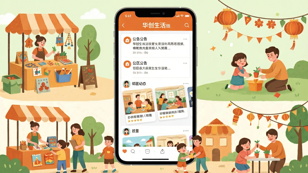画面中心为华创生活应用的社区公告与邻里圈界面,界面中展示公告列表与邻居动态图文卡片,周围环绕社区活动场景如跳蚤市场、亲子活动、节日装饰等插画元素,布局采用上下分层结构,上方为手机界面,下方为社区场景,风格为温馨生活化插画,色调以暖橙与浅绿为主,细节上突出界面内容与人物互动,画质清晰,画面干净,无多余元素