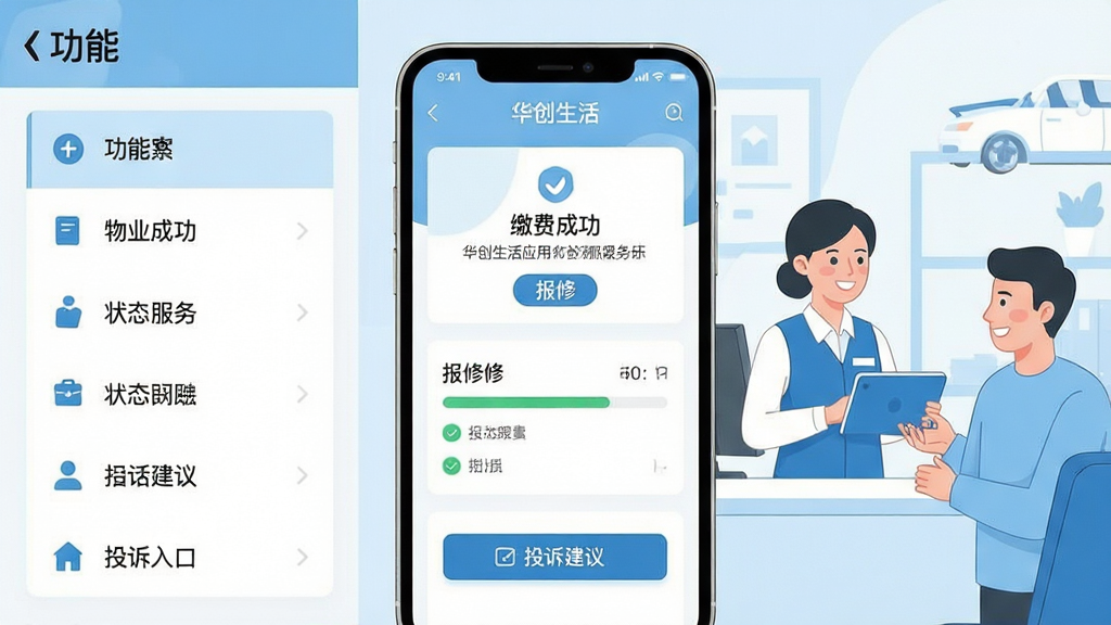 画面主体为华创生活应用内的物业服务界面,界面中清晰展示缴费成功提示、报修工单状态跟踪条、投诉建议入口按钮,背景融入物业客服人员与业主微笑沟通的场景插画,布局采用左中右三分法,左侧为功能列表,中间为手机界面,右侧为服务场景,风格为简洁商务插画,色调以浅蓝与白色为主,细节上突出界面元素与人物表情,画质清晰,画面干净,无多余元素