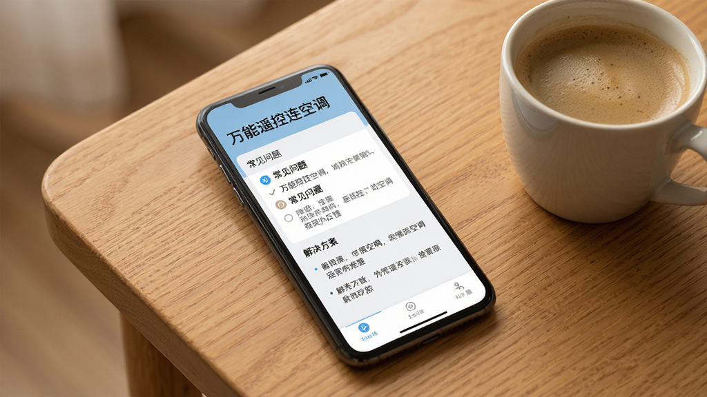 一张展示手机用户正在查看万能遥控连空调软件帮助与反馈页面的图片,页面中包含常见问题列表和解决方案文字,界面风格简洁友好。手机放置在木质桌面上,旁边有一杯咖啡,环境温馨。手机屏幕上的文字包含“万能遥控连空调”和“常见问题”。画质清晰,光线柔和,干净无多余元素。