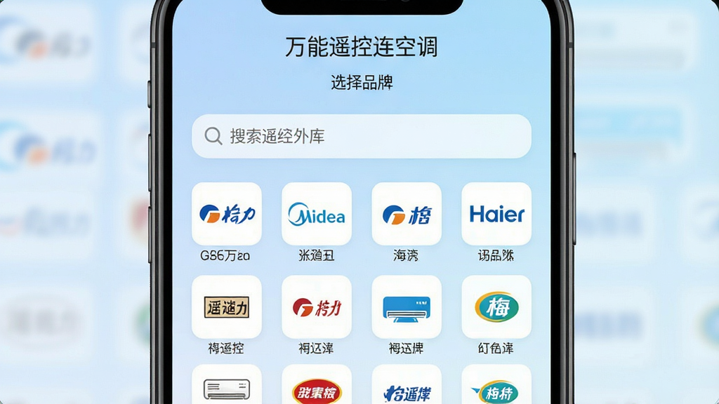 一张展示万能遥控连空调软件内部红外码库界面的图片,画面中央是一个搜索框,下方排列着多个空调品牌图标,如格力、美的、海尔等,图标整齐排列成网格状。背景是柔和的浅蓝色渐变,界面风格清爽干净。手机屏幕上的文字清晰可见,包含“万能遥控连空调”和“选择品牌”字样。整体画质细腻,光线均匀,干净无多余元素。