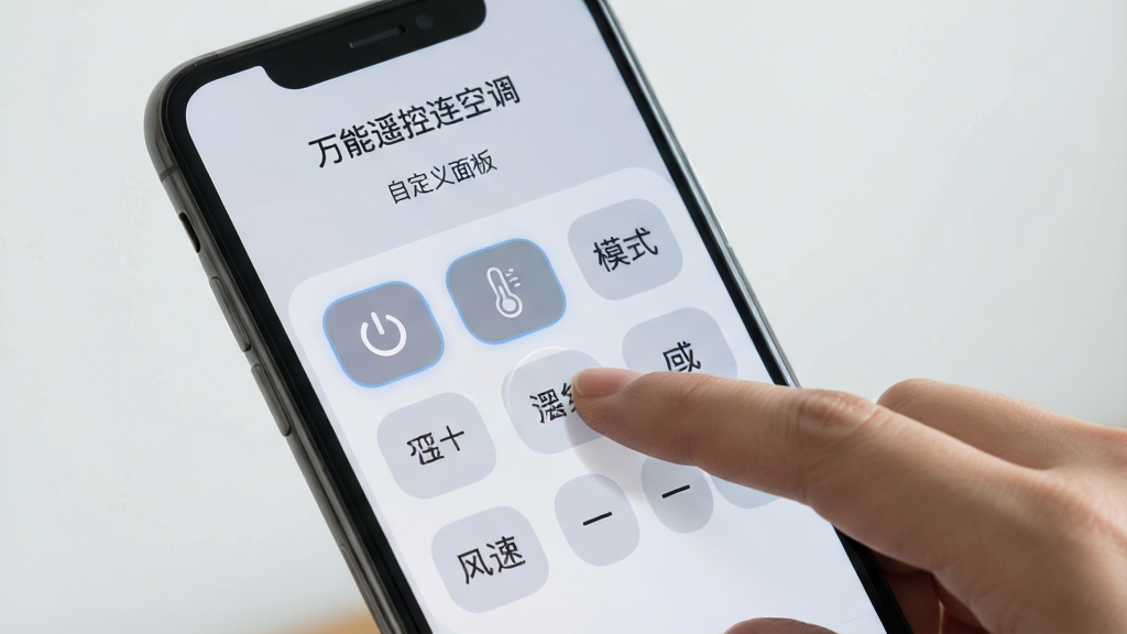 一张展示万能遥控连空调软件个性化设置界面的图片,画面中显示用户正在拖拽调整按钮位置,界面有多个可编辑的遥控按钮图标,如电源、温度加、温度减、模式、风速等。背景是柔和的浅灰色,界面风格现代简洁。手机屏幕上的文字包含“万能遥控连空调”和“自定义面板”。画质清晰,光线柔和,干净无多余元素。