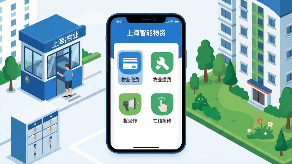 一张展示上海智慧物业APP核心功能的综合场景图。画面中央是一部智能手机,屏幕显示上海智慧物业APP首页界面,包含物业缴费、报修、公告、门禁等图标。手机周围环绕社区场景元素:保安亭、快递柜、绿化带、居民楼。布局采用居中构图,手机为主体,元素环绕四周。风格为扁平化科技插画风,色调以蓝白绿为主。细节包括清晰的图标文字“上海智慧物业”“物业缴费”“在线报修”。画质高清,干净整洁,无多余元素。