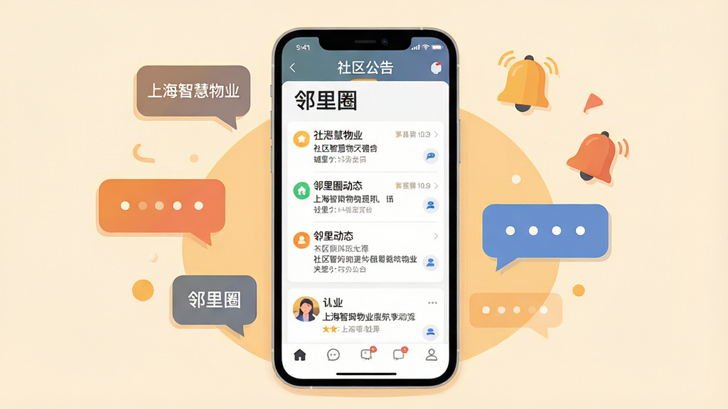 手机屏幕显示上海智慧物业APP的社区公告页面,页面中有多条通知列表和邻里圈动态。手机周围漂浮着对话气泡和通知铃铛图标。布局为手机居中,气泡环绕。风格为扁平化社交插画风,色调温暖。细节包括界面上的“上海智慧物业”“社区公告”“邻里圈”文字。画质高清,干净,无多余元素。