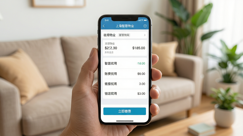 一只手拿着手机,手机屏幕显示上海智慧物业APP的缴费页面,页面中有清晰的账单列表和“立即缴费”按钮。背景是温馨的客厅环境,有沙发和绿植。布局为手机屏幕特写居中。风格为写实生活摄影风,光线柔和明亮。细节包括手机界面上的“上海智慧物业”字样、费用金额数字。画质高清,干净,无多余元素。