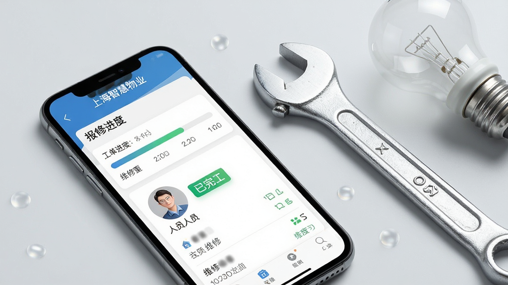 手机屏幕显示上海智慧物业APP的报修工单页面,页面中有工单进度条、维修人员头像和“已完工”状态标签。手机旁边放着一把扳手和一个灯泡。布局为手机斜放,工具点缀在侧。风格为简洁产品展示风,背景为浅灰色。细节包括界面上的“上海智慧物业”“报修进度”文字。画质清晰,干净,无多余元素。