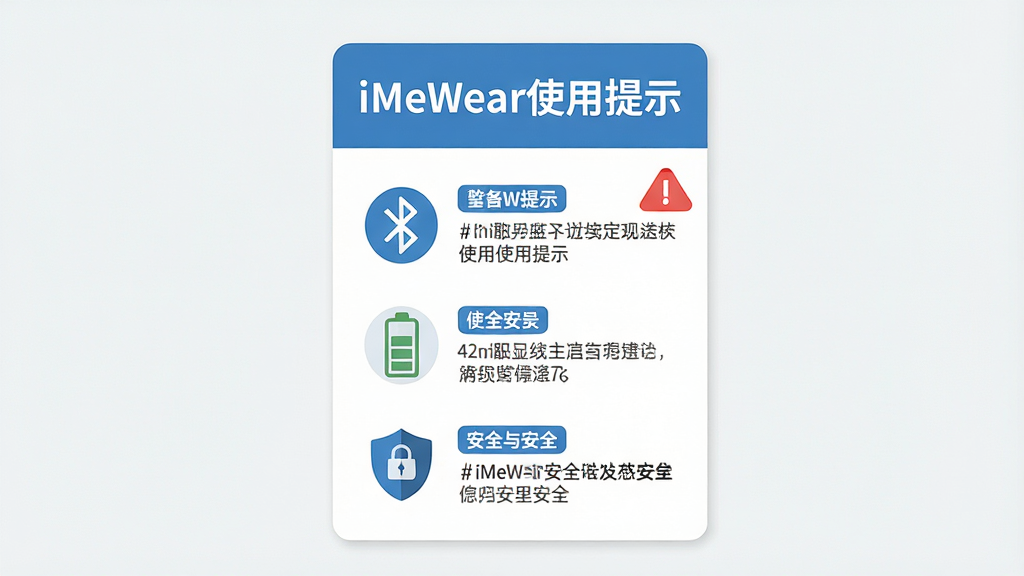 一张表现iMeWear新手使用注意事项的提示卡片风格插画,主体为竖版信息卡片,布局为上下结构,上方标题区域写