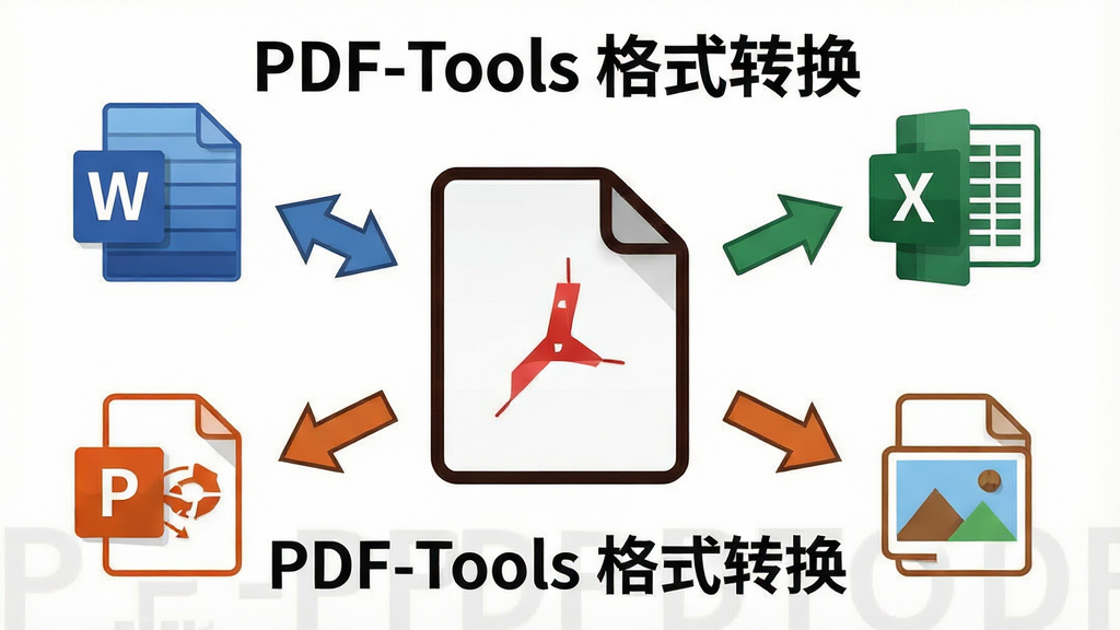 һ��չʾPDF-Tools��ʽת�����ܵ�ʾ��ͼ������������һ��PDF�ļ�ͼ�꣬�����м�ͷ�ֱ�ָ��Word��Excel��PPT��ͼƬͼ�꣬���ֳʶԳƻ��Σ����Ϊ����ʸ���廭�磬ϸ�ڰ����ļ�ͼ�����������ĸ�ʽ��ʶ������Ϊ���壬�ɾ��޶���Ԫ�أ�ͼƬ�д����֡�PDF-Tools ��ʽת����