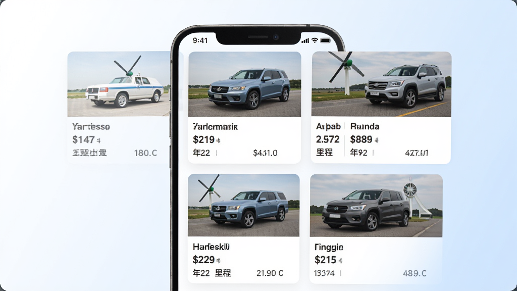 һ��չʾ��糵APP��Դ�б�ҳ���ͼƬ���������ֻ���Ļ��ʾ�Ų�ͬƷ�ƺ��ͺŵĶ��ֳ���Ƭ��ÿ�ſ�Ƭ���г���ͼƬ���۸���ݺ������Ϣ����������͵İ�ɫ��ǳ��ɫ���䣬���Ϊ���¼����ƶ���UI��ƣ����ʸɾ����޶���Ԫ��