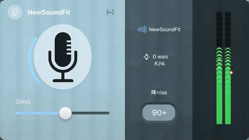 一张展示NewSoundFit麦克风设置界面的图片,画面中包含麦克风图标、增益滑块和降噪开关,旁边有实时音量指示条,布局为左右分栏排版,风格为清爽浅色UI,细节上体现录音优化功能,画质清晰,干净,无多余元素