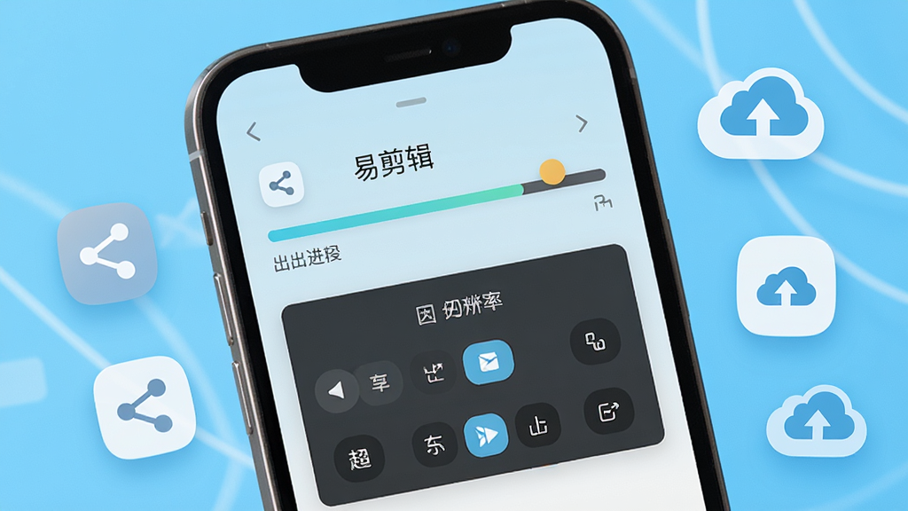 一张展示“易剪辑”应用导出与分享功能的图片,画面为手机屏幕特写,屏幕上显示导出进度条和分辨率选择菜单,屏幕周围有分享图标和云端上传符号,背景为明亮的浅蓝色,风格现代简洁,细节清晰,画质高清,干净无多余元素