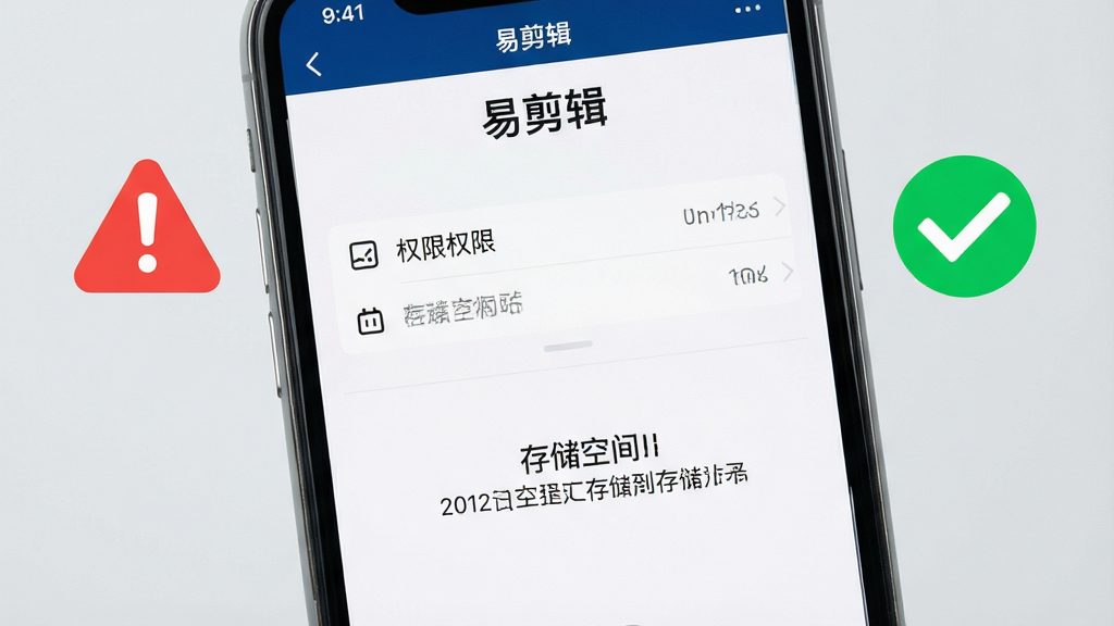一张展示手机剪辑新手避坑的图片,画面为手机屏幕特写,屏幕上显示“易剪辑”应用权限设置界面和存储空间提示,旁边有红色警告图标和绿色对勾图标对比,背景为简洁的浅灰色,风格清晰直观,细节丰富,画质高清,干净无多余元素