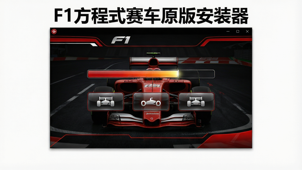 一张展示F1方程式赛车原版安装器软件界面全貌的图片,画面中央是软件主界面,上方有