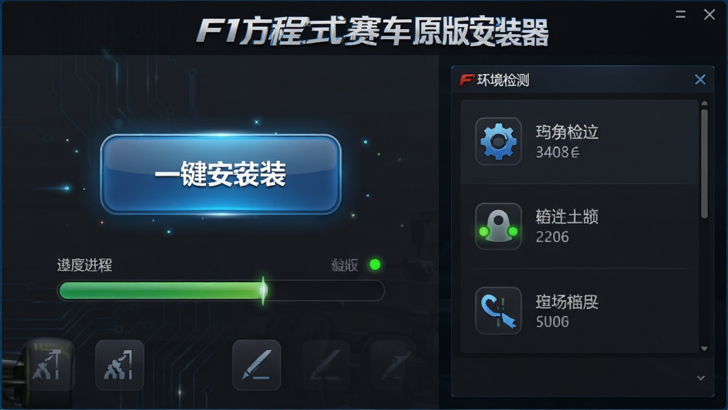 F1方程式赛车原版安装器功能展示图,画面以软件界面为主体,左侧展示一键安装按钮和进度条,右侧展示环境检测面板,界面中带有