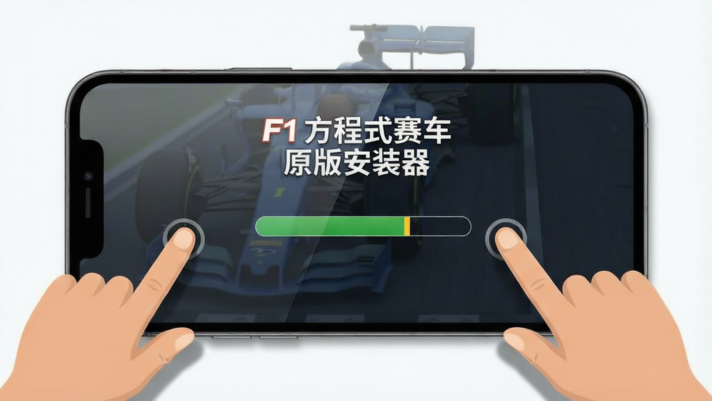 F1方程式赛车原版安装器新手操作指导图,画面展示手机屏幕中安装器运行界面,屏幕旁边有手指点击操作的示意手势,界面中显示