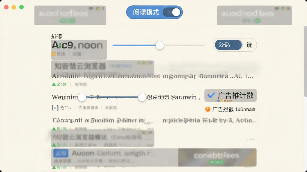 智慧云浏览器阅读模式展示,画面中是一篇排版整洁的文章页面,周围有被过滤掉的广告元素以半透明灰色显示,顶部有阅读模式开关按钮,布局为居中排版,风格为清新阅读风格插画,细节包含字体调整滑块、背景色切换按钮、广告拦截计数标识,画质清晰干净,米白色背景,无多余元素