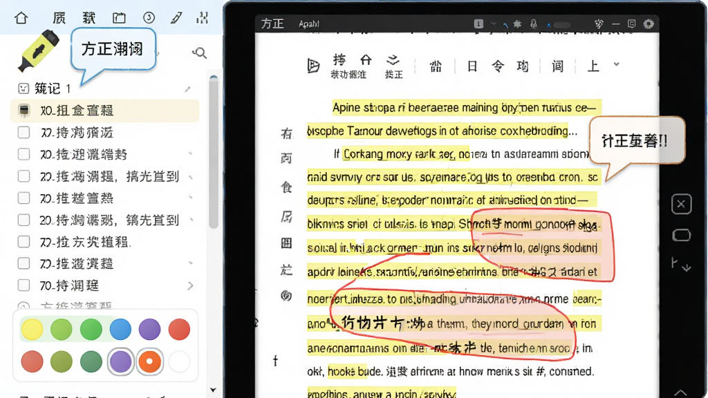 ����Apabi Reader��ע����չʾͼ�������ǵ�����ҳ���д��л�ɫ�����ͺ�ɫ��ע��Ķ��䣬����Ϊ��ҳ�ĵ����У��Ű������ʾ�ʼ��б������Ϊ����ѧϰ�磬ϸ�ڰ���ӫ���ͼ�ꡢ��ע���ݡ���ɫѡ���������������ɾ��޶���Ԫ��