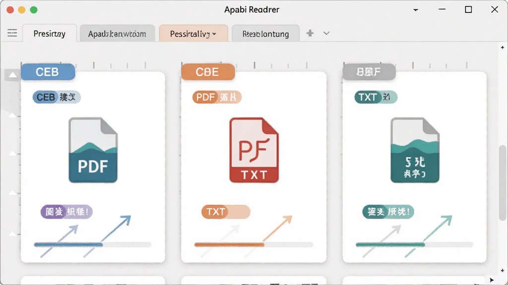 һ������Apabi Reader���ʽ����ʾ�⻭�棬��������������ͬʱչʾCEB��PDF��TXT�����ĵ���ǩҳ������Ϊ�������е��ĵ���Ƭ���Ű��������򣬷��Ϊ�Ƽ��б�ƽ����ϸ�ڰ����ļ���ʽͼ�ꡢ��ɫ��ǩ���Ķ������������ʸɾ��޶���Ԫ��