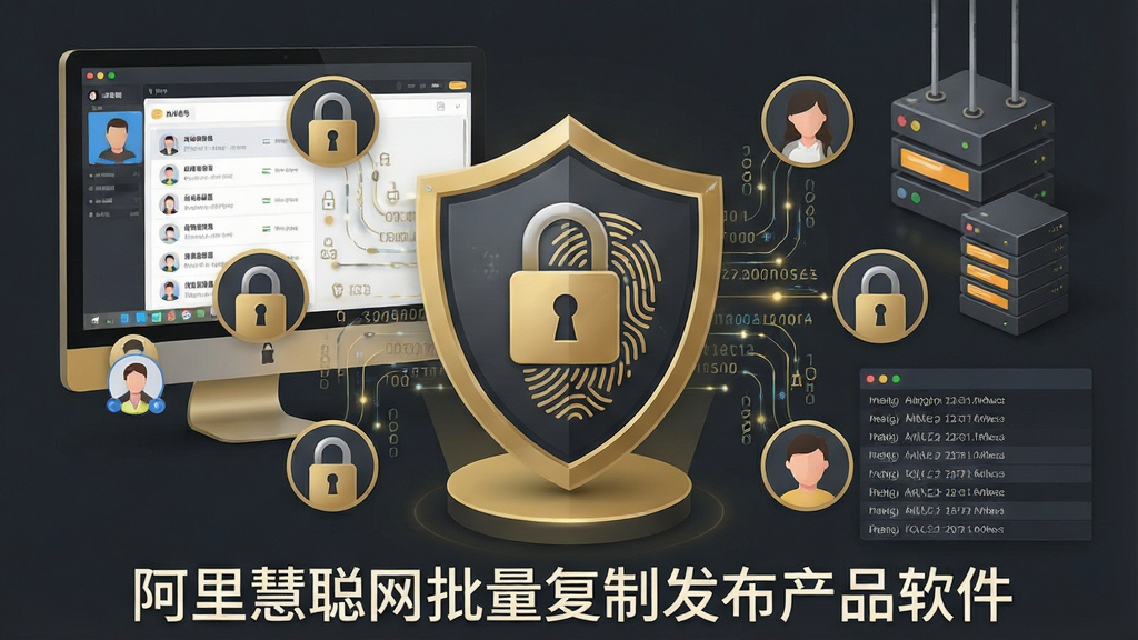 一张展示数据安全与账号保护功能的AI生图,画面中央是一个盾牌形状的安全图标,盾牌内部有锁和指纹图案,周围环绕着多个账号头像和加密数据流,背景是电脑屏幕和本地存储设备,整体布局以盾牌为中心向外辐射,采用深灰色与金色搭配的安全感风格,细节包括加密锁、账号列表、操作日志,画质干净清晰,无多余元素,画面底部有文字“阿里慧聪网批量复制发布产品软件”