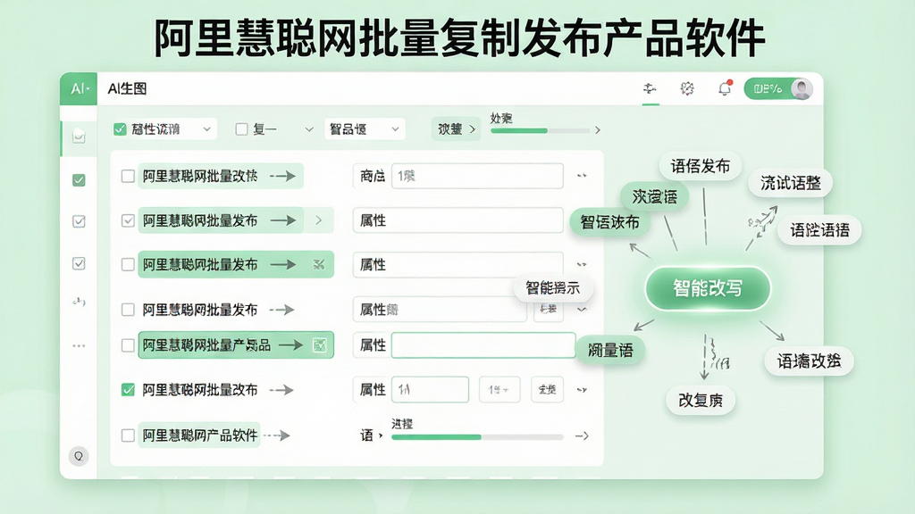 一张展示批量编辑与智能改写功能的AI生图,画面中央是一块大型数字编辑面板,面板上排列着多行商品标题和属性字段,部分文字被高亮选中并显示替换箭头,右侧有一个智能改写按钮发出柔和光芒,周围漂浮着同义词标签和语序调整示意图,整体布局规整,采用浅绿色与白色搭配的清爽风格,细节包括复选框、输入框、进度指示器,画质干净清晰,无多余元素,面板顶部有文字“阿里慧聪网批量复制发布产品软件”