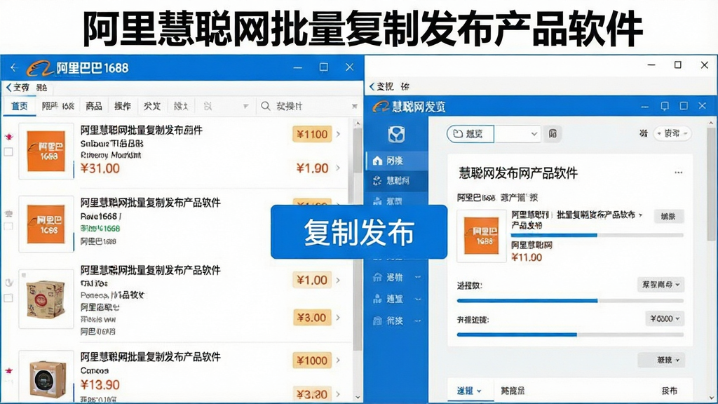 一张展示阿里慧聪网批量复制发布产品软件界面的图片,画面中央是软件操作主窗口,左侧显示阿里巴巴1688商品列表,右侧显示慧聪网发布预览,中间有醒目的复制发布按钮,整体布局清晰,采用现代商务蓝白配色风格,细节包括商品缩略图、标题文字、价格标签、进度条,画质干净清晰,无多余元素,软件名称“阿里慧聪网批量复制发布产品软件”以标题形式出现在窗口顶部