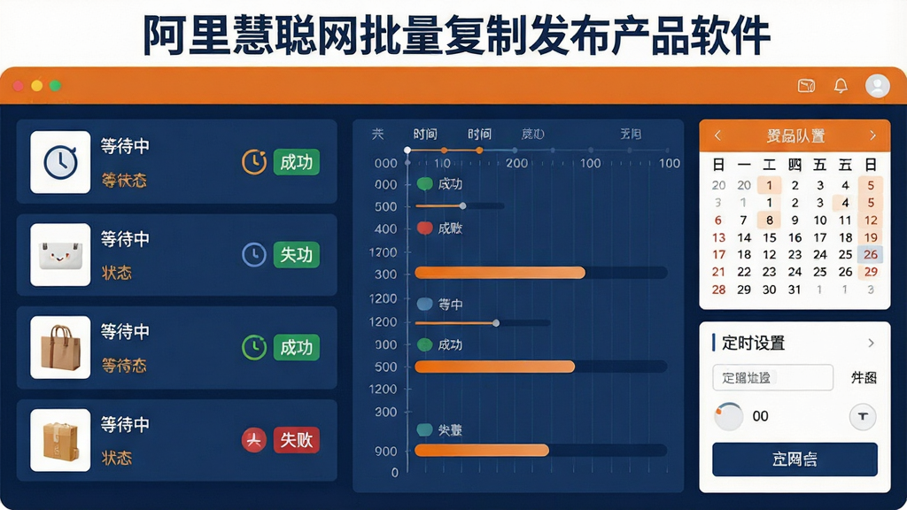 一张展示定时发布与队列管理功能的AI生图,画面中是一个任务队列面板,左侧列有多个商品条目,每条右侧显示时钟图标和状态标签,中间区域是时间轴和发布进度条,右侧有日历和定时设置控件,整体布局层次分明,采用深蓝色与橙色点缀的商务风格,细节包括等待中、成功、失败的状态图标,画质干净清晰,无多余元素,面板上方有文字“阿里慧聪网批量复制发布产品软件”