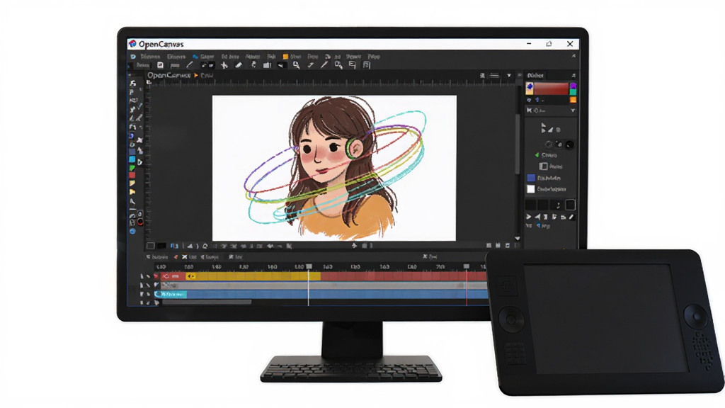 һ��AI���ɵ�ͼƬ������������һ̨������Ļ����ʾOpenCanvas�����Ļ滭���̻طŽ��棬��Ļ�Ա���һ����λ�壬���沼��Ϊ�����ӽǣ����Ϊ�Ƽ����������н�ϣ�ϸ�ڰ�����Ļ�ϵ�ʱ����������ͻ��ʹ켣�ߣ����ʸ��壬����ɾ����޶���Ԫ��