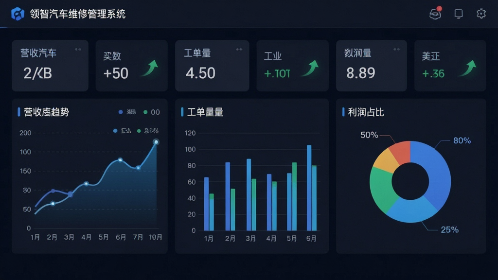 一张展示经营数据看板的图片,画面中领智汽车维修管理系统的仪表盘显示营收趋势折线图、工单量柱状图、利润占比饼图,布局为三栏网格,风格为深色科技感数据大屏,细节包括数字指标卡片、上升箭头图标,画质清晰干净,无多余元素
