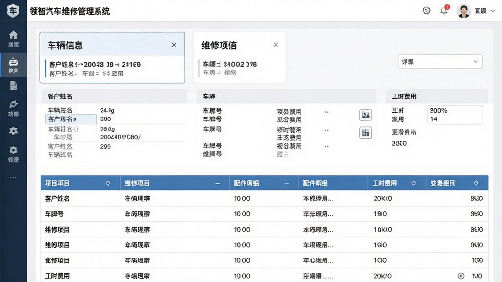 一张展示维修工单管理界面的图片,画面主体是领智汽车维修管理系统的工单详情页面,包含客户姓名、车牌号、维修项目列表、配件明细、工时费用等字段,布局为上下结构,上方为车辆信息卡片,下方为项目表格,风格简洁商务,细节清晰,画质干净无多余元素