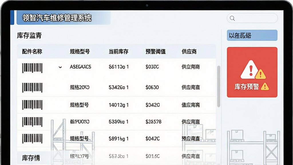 一张展示配件库存管理模块的图片,画面中领智汽车维修管理系统的库存列表清晰可见,包含配件名称、规格型号、当前库存、预警阈值、供应商等列,右侧有库存预警提示图标,布局为左右分栏,风格为清爽浅色商务风,细节包括条形码图标、仓储货架轮廓,画质干净无多余元素