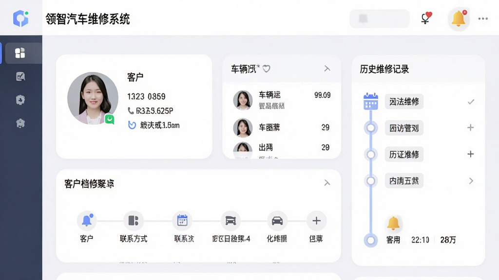 一张展示客户关系管理界面的图片,画面主体是领智汽车维修管理系统的客户档案页面,包含客户头像、联系方式、车辆列表、历史维修记录时间轴,布局为卡片式排列,风格为柔和圆角设计,细节包括回访提醒铃铛图标、日历标记,画质清晰干净,无多余元素