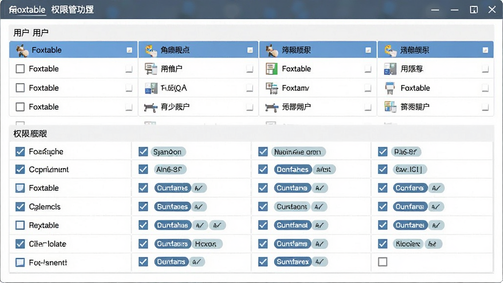 Foxtable 权限管理功能示意图,主体为角色权限配置界面,布局为上方用户列表、下方权限勾选矩阵,排版对称,风格为管理软件界面,细节包含复选框、角色名称、权限标签,画面干净,画质高清,无多余元素