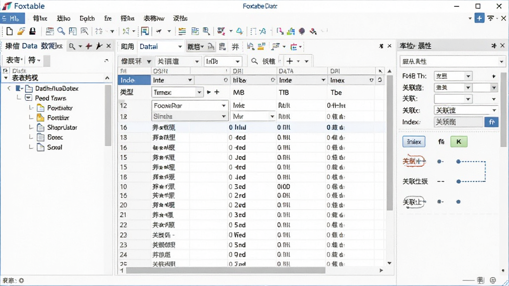 Foxtable 可视化数据表管理功能展示图,主体为软件中的数据表编辑界面,布局为左侧表结构列表、中间数据网格、右侧字段属性面板,排版清晰,风格为专业软件截图,细节包含字段类型下拉框、索引按钮、关联线示意,画面干净,画质高清,无多余元素