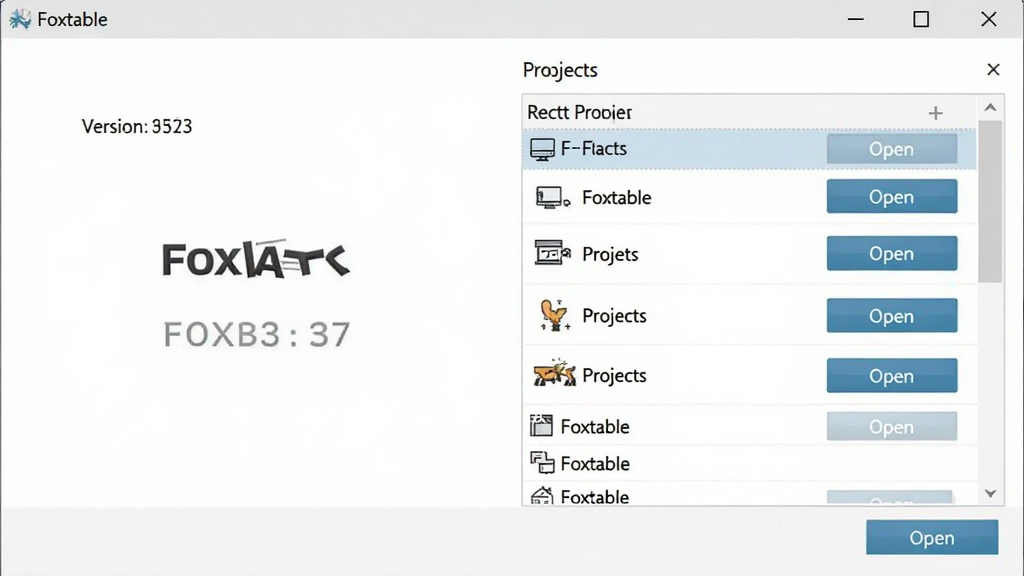 Foxtable 软件启动与项目加载界面截图,主体为软件启动画面和最近项目列表,布局为居中窗口,排版简洁,风格为桌面软件界面,细节包含版本号、项目名称、打开按钮,画面干净,画质高清,无多余元素