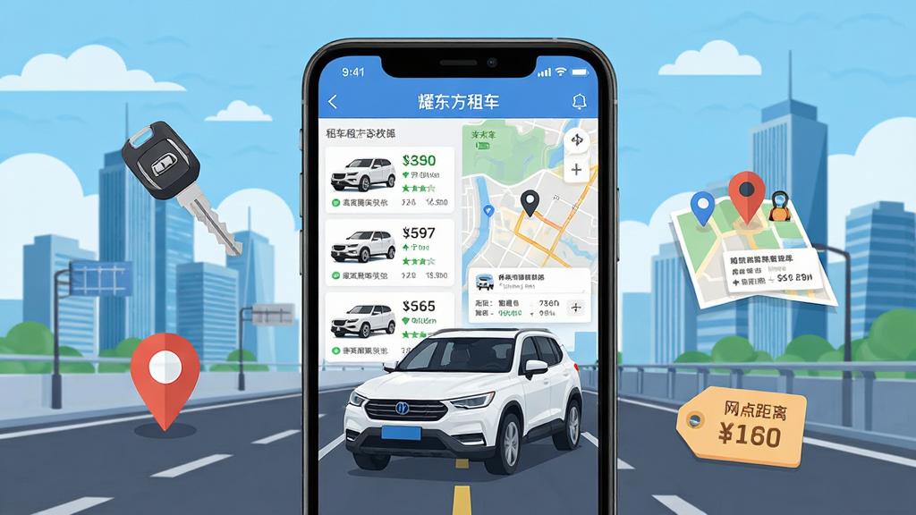 ҫ�����⳵�ֻ�Ӧ�ý���չʾ������Ϊһ����ɫSUV��ʻ�ڳ��е�·�ϣ�����Ϊ�ִ����н���Ⱥ��������ơ�����������������ı�ƽ����Ʒ�񣬲��������ֻ���ĻΪ���ģ���Ļ��չʾ�⳵������ҳ�ĳ����б����ͼ�ҳ����ܣ���Ļ�⻷��������Կ�ס���ͼ��λͼ��ͼ۸��ǩ��Ԫ�ء��Ű��������ϸ�ڴ����ֳ���״̬�����۸�������������Ϣ�����廭�ʸ��壬ɫ�ʸɾ����޶�������Ԫ�ء�