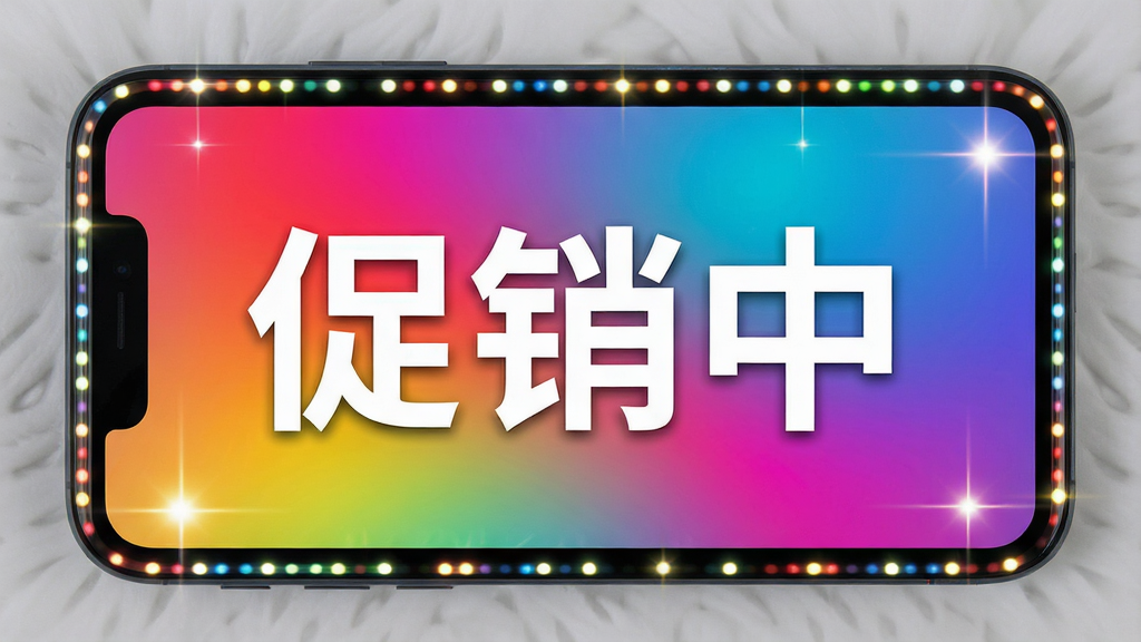 手机屏幕显示彩色渐变背景上的白色大字“促销中”,屏幕周围有跑马灯边框光效,主体是手机与字幕内容,布局居中,风格时尚活力,细节展示渐变色彩过渡与灯光闪烁感,画质高清,干净,无多余元素