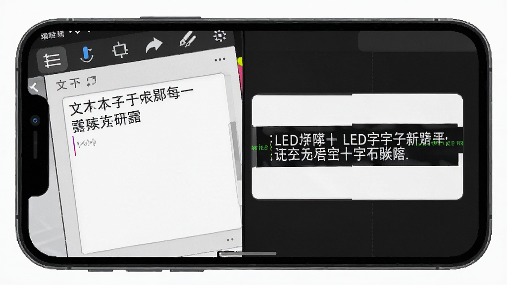 手机屏幕显示LED字幕软件的编辑界面,左侧是文字输入框,右侧是实时预览的滚动字幕效果,主体为手机界面,布局左右分栏,风格简洁工具类,细节展示按钮图标与文字排版,画质高清,干净,无多余元素