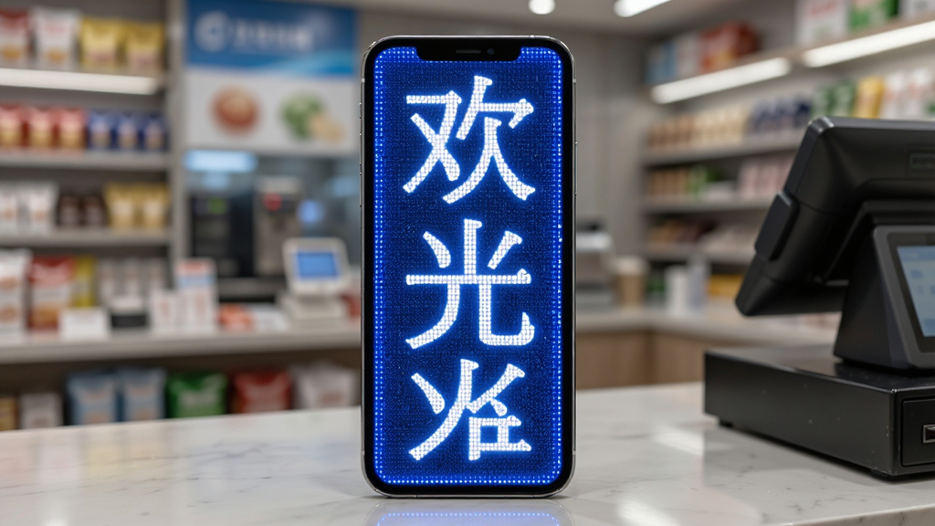 一部手机竖屏显示蓝底白字的“欢迎光临”滚动字幕,手机放置在一个店铺收银台上,背景是虚化的商铺环境,主体为手机屏幕上的LED字幕效果,布局居中,风格商业实用,细节表现字幕发光与手机屏幕边框,画质高清,干净,无多余元素
