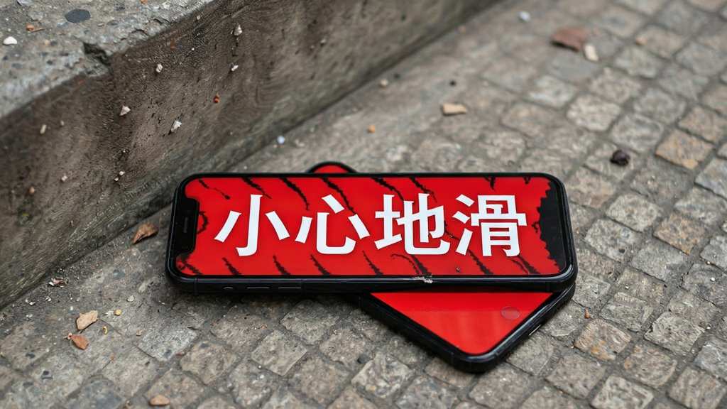 一部手机屏幕显示红色背景上滚动着白色文字“小心地滑”,手机放在地上靠近台阶的位置,主体为手机与警示字幕,布局居中,风格警示提示,细节表现字幕清晰度与地面环境,画质高清,干净,无多余元素