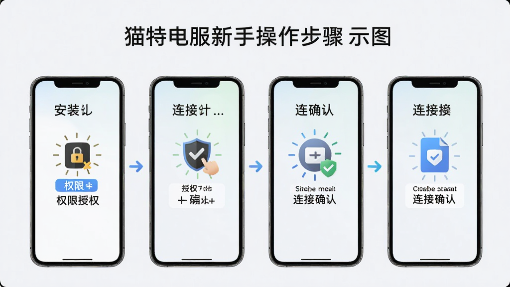 猫特电服新手操作步骤示意图,画面展示手机屏幕从安装到连接成功的四步流程,包含权限授权和连接确认,背景为浅色,排版清晰,风格简约,画质高清,干净无多余元素