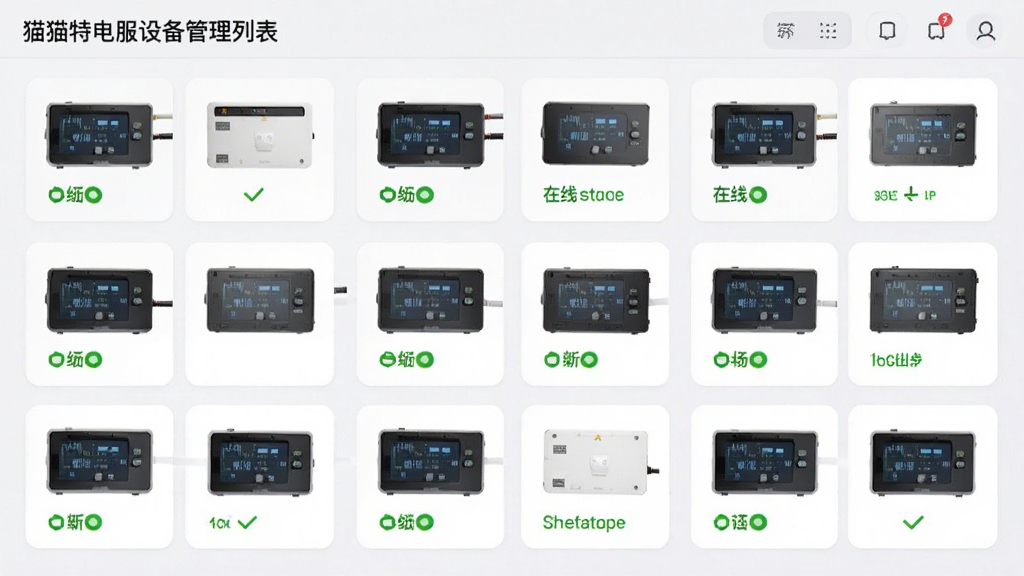 猫特电服设备管理列表界面,画面展示多台设备卡片式排列,每张卡片显示设备名称和在线状态,背景为浅灰白色,排版整齐,风格简约商务,画质高清,干净无多余元素