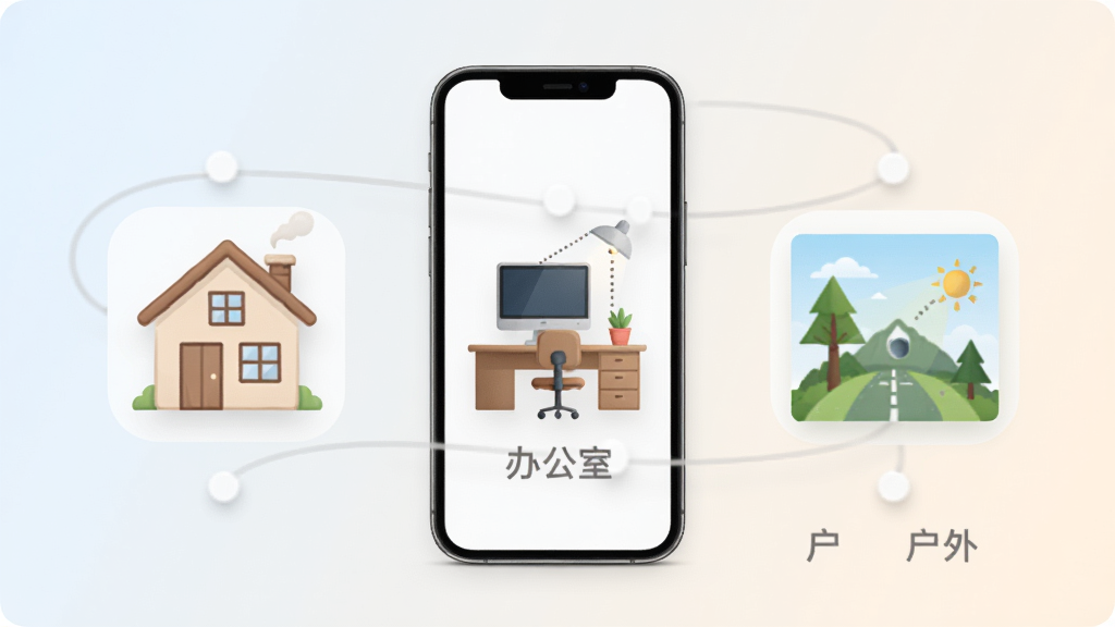 猫特电服多场景使用示意图,画面中展示家庭、办公室、户外三种场景图标围绕手机排列,背景为浅色渐变,风格清爽素雅,排版均衡,画质高清,干净无多余元素