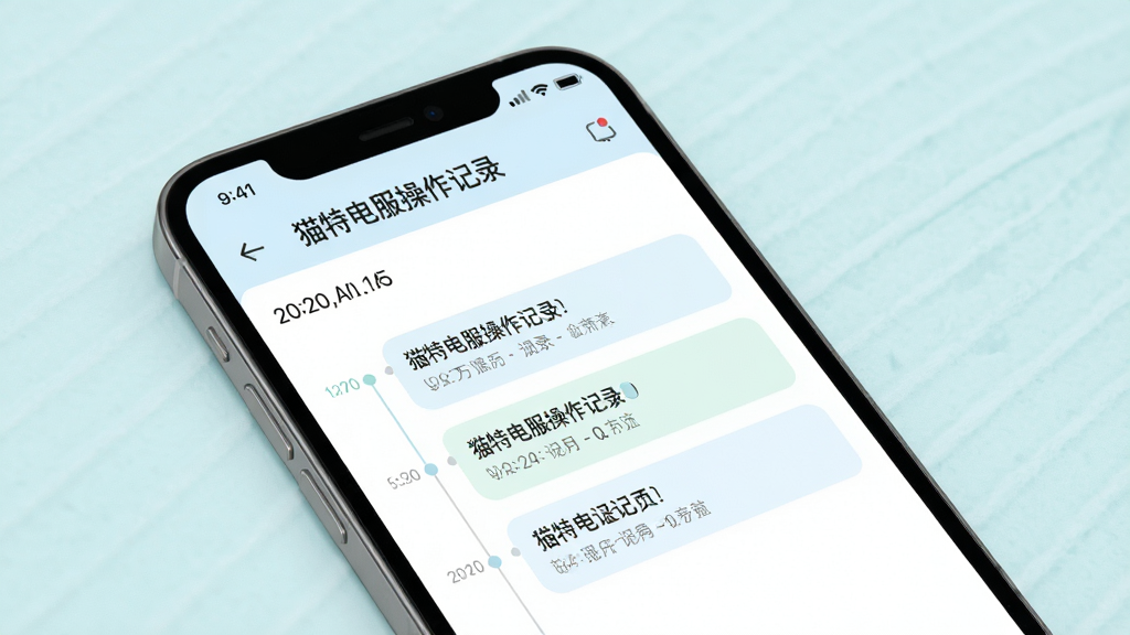 猫特电服操作记录页面示意图,画面中手机屏幕显示时间线和记录条目,背景为柔和浅色,排版清晰,风格清新浅色,细节丰富,画质高清,干净无多余元素