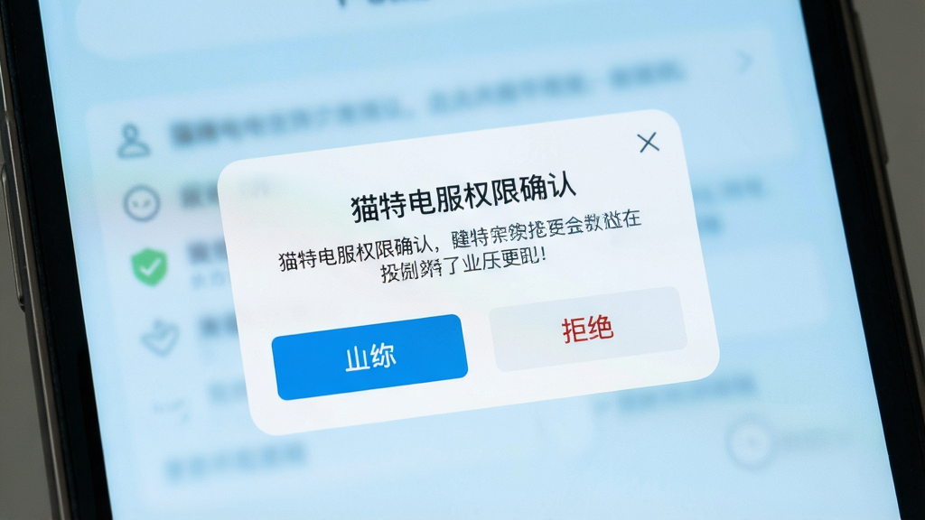 猫特电服权限确认弹窗界面,画面展示手机屏幕上的授权提示对话框,包含允许和拒绝按钮,背景为浅蓝色,风格简洁安全,细节清晰,画质高清,干净无多余元素