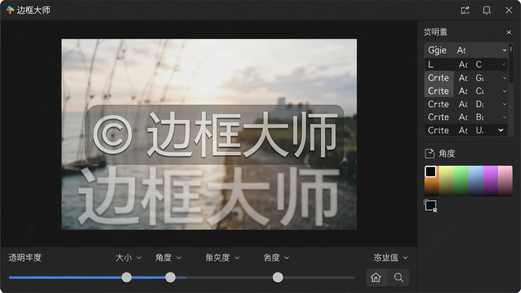 一张展示“边框大师”水印编辑界面的图片,屏幕中央是一张带有透明文字水印的照片,水印内容为“ 边框大师”,界面下方有调节水印透明度、大小、角度的滑块,右侧有字体选择与颜色面板,背景为深色模式,风格专业简洁,细节包括水印的清晰边缘和UI控件的精细质感,画质高清,干净,无多余元素