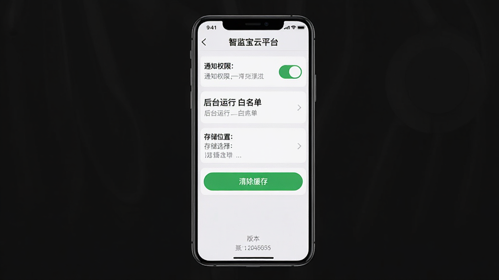 手机屏幕展示智监宝云平台设置页面,包含通知权限开关、后台运行白名单、存储位置选择、清除缓存按钮,布局为竖屏列表,风格为清爽浅色UI,细节包括绿色开关、灰色文字说明、底部版本号,画质高清,干净,无多余元素