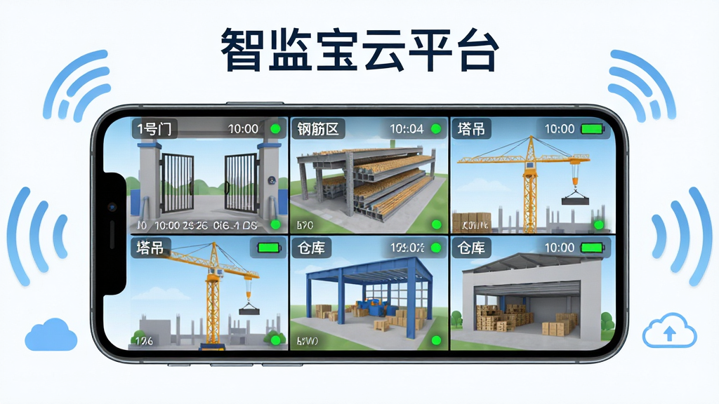 一部手机横屏展示九宫格监控画面,每个格子标注不同区域名称如“1号门”“钢筋区”“塔吊”“仓库”,画面清晰,手机周围有信号波纹与云朵图标,布局为手机居中,上方标题“智监宝云平台”字样,风格为简洁科技插画,细节包括时间水印、在线状态绿点、电池图标,画质高清,干净,无多余元素