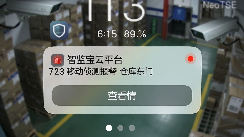 手机锁屏界面弹出报警通知卡片,显示“智监宝云平台 移动侦测报警 仓库东门”,下方有查看详情按钮,背景为虚化的监控画面,布局为手机锁屏特写,风格为写实通知样式,细节包括时间、应用图标、红色报警圆点,画质高清,干净,无多余元素